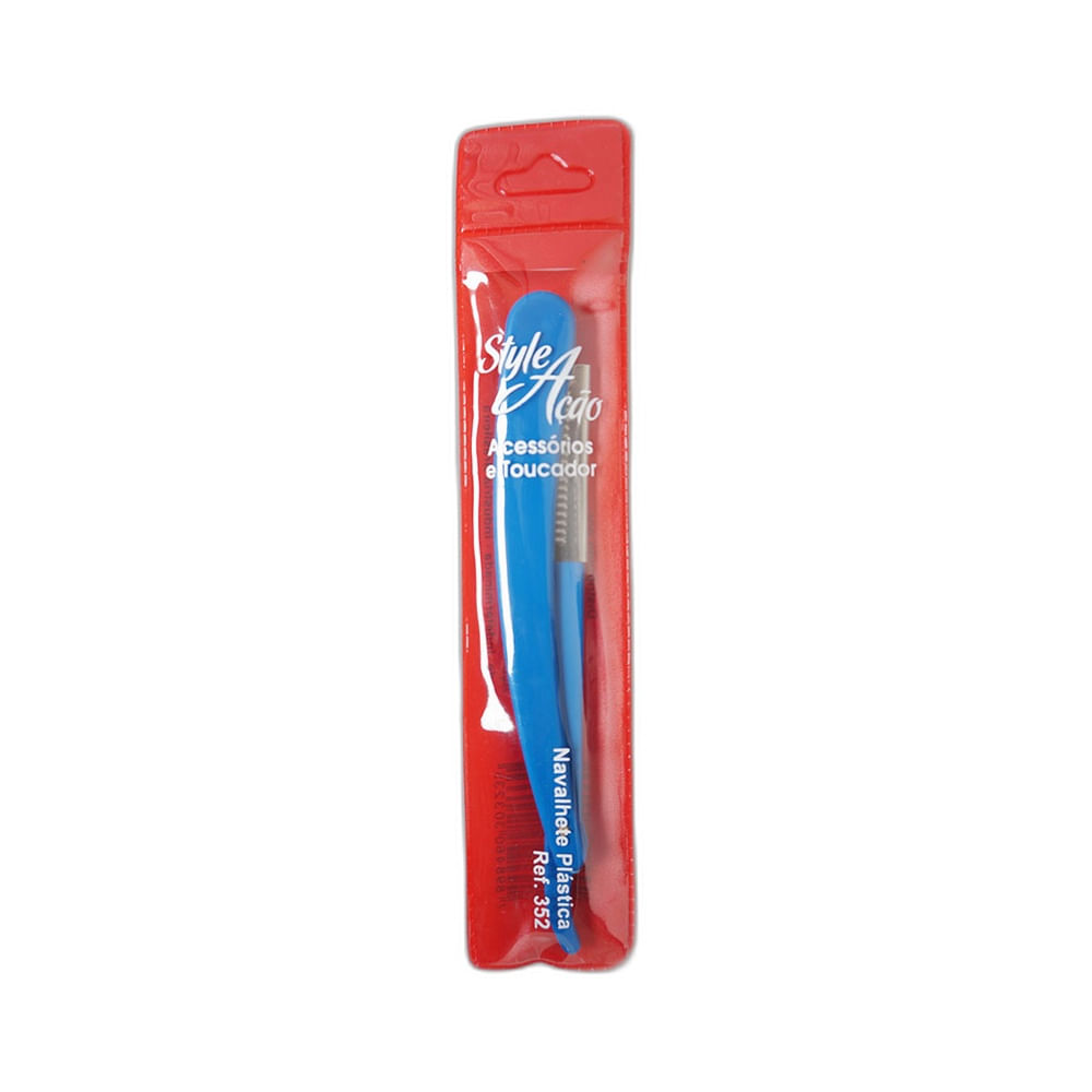 Navalhete Style e Ação Plástica com cabo azul e embalagem vermelha